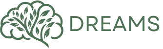 Logo for the DREAMS app featuring a stylized green brain made of intertwining branches and leaves